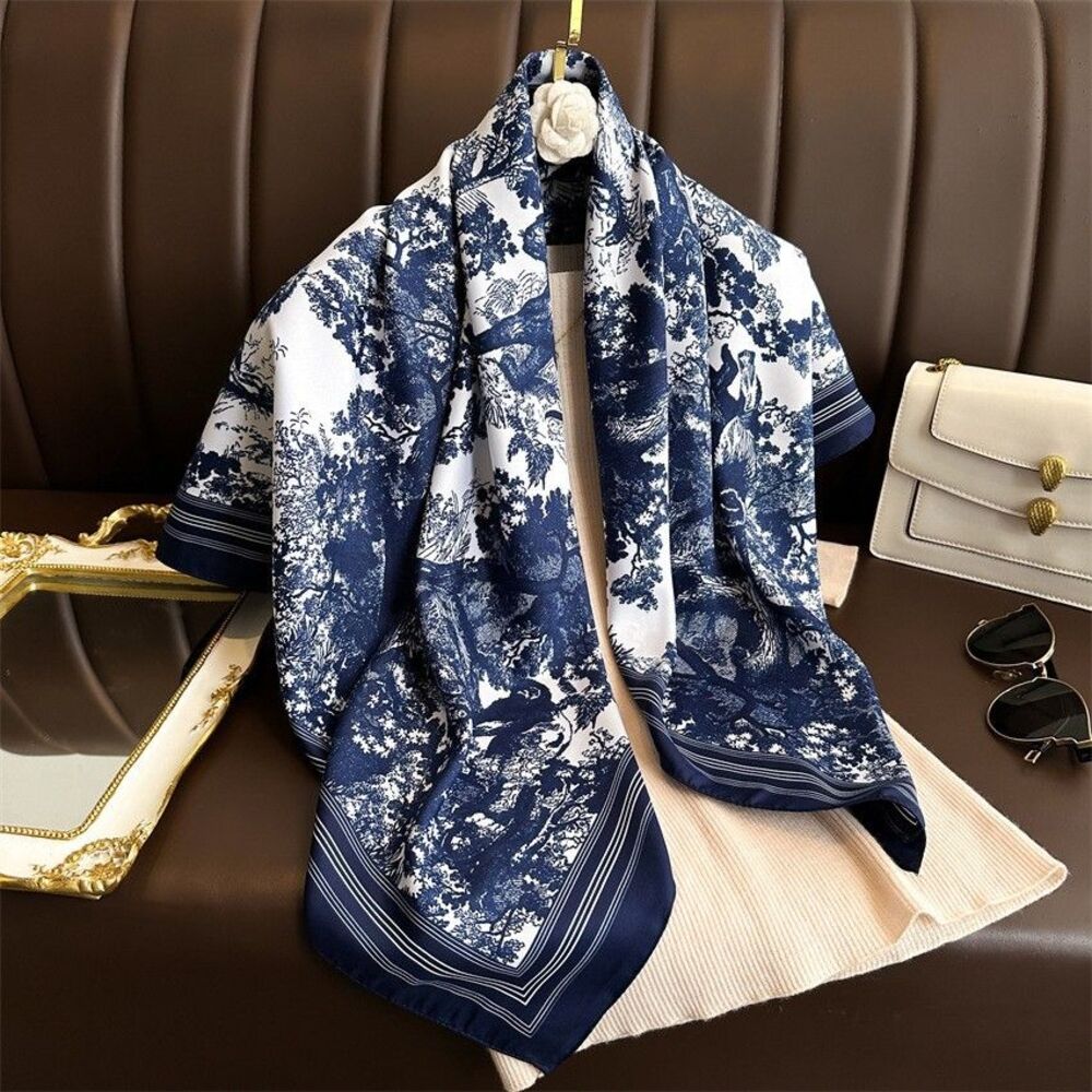 2 Toile de Jouy Scarf Set Blue & Black 35 " Square Large Scarves for Women